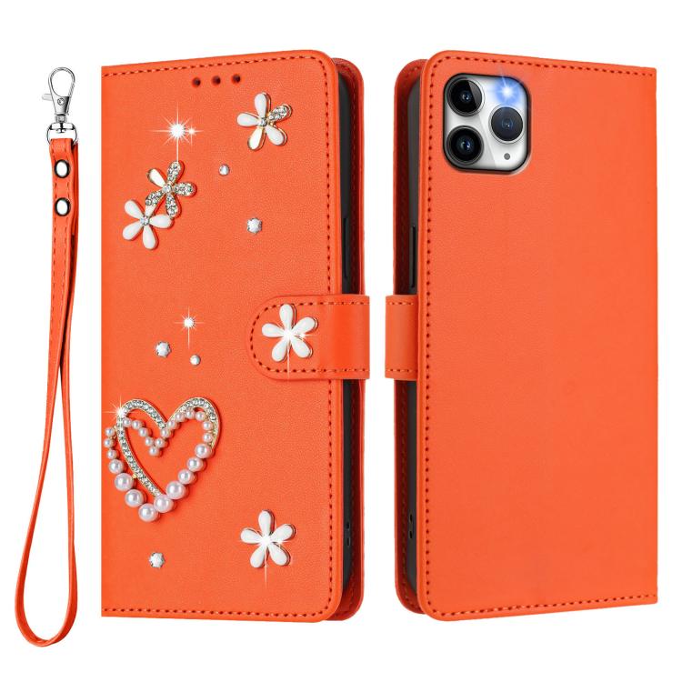 For iPhone 11 Pro Max ZS01 Double-Layer Heart Floral Vegan Leather Phone Case with Wrist Strap