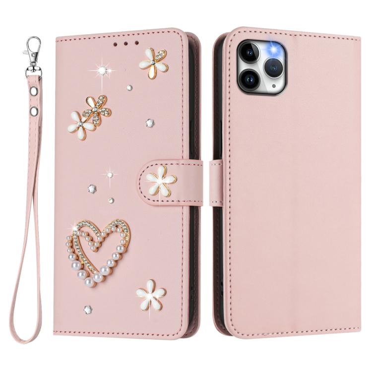 For iPhone 11 Pro Max ZS01 Double-Layer Heart Floral Vegan Leather Phone Case with Wrist Strap