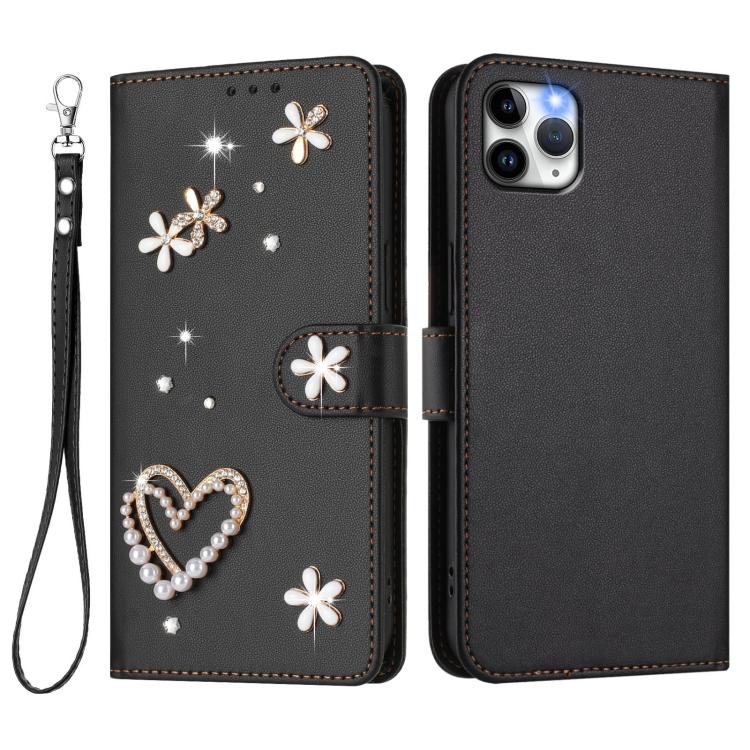 For iPhone 11 Pro Max ZS01 Double-Layer Heart Floral Vegan Leather Phone Case with Wrist Strap