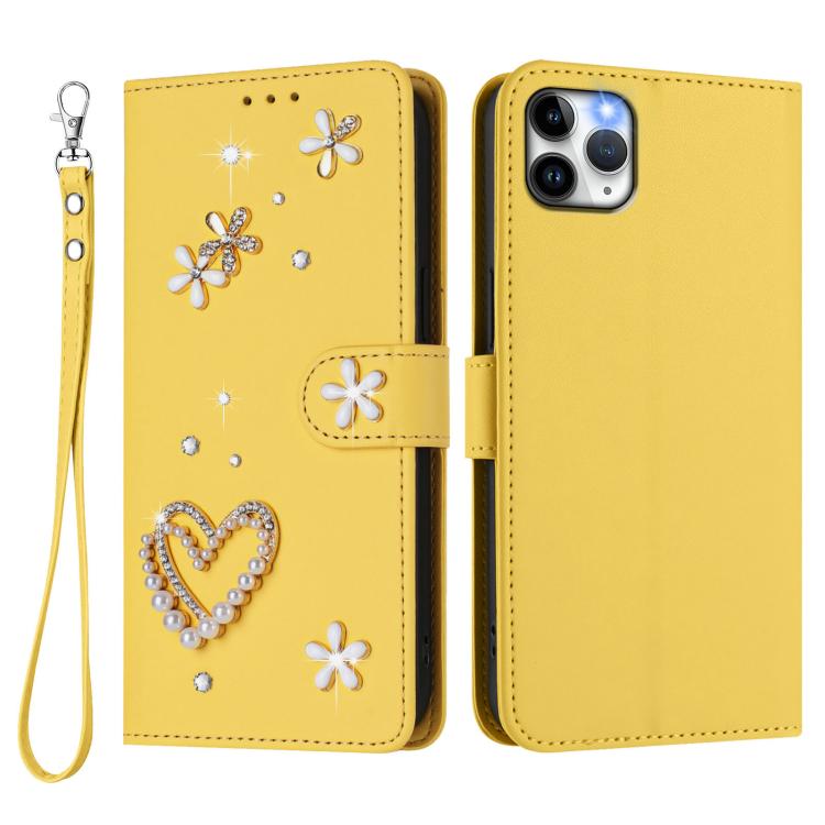 For iPhone 11 Pro Max ZS01 Double-Layer Heart Floral Vegan Leather Phone Case with Wrist Strap