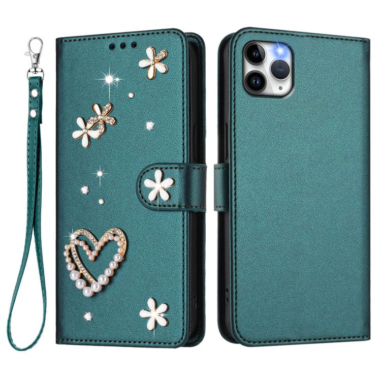 For iPhone 11 Pro Max ZS01 Double-Layer Heart Floral Vegan Leather Phone Case with Wrist Strap