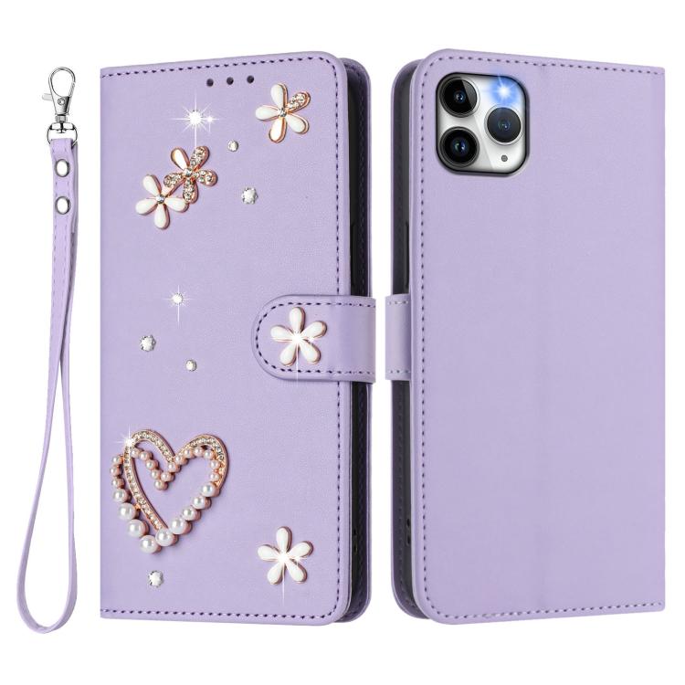 For iPhone 11 Pro Max ZS01 Double-Layer Heart Floral Vegan Leather Phone Case with Wrist Strap