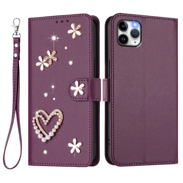 For iPhone 11 Pro Max ZS01 Double-Layer Heart Floral Vegan Leather Phone Case with Wrist Strap