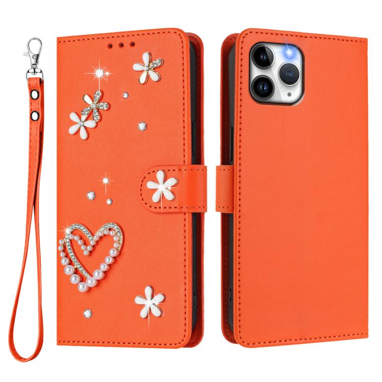 For iPhone 11 Pro ZS01 Double-Layer Heart Floral Vegan Leather Phone Case with Wrist Strap