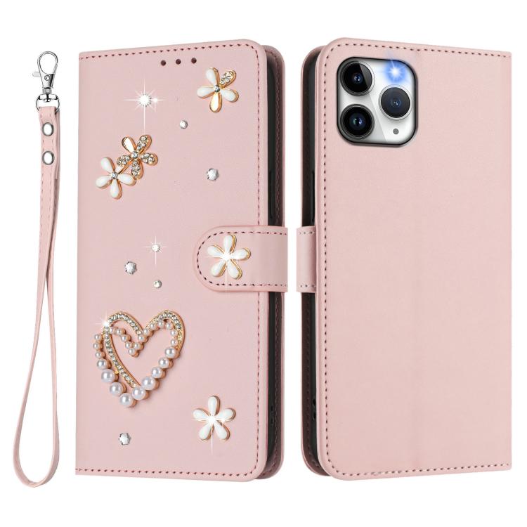 For iPhone 11 Pro ZS01 Double-Layer Heart Floral Vegan Leather Phone Case with Wrist Strap