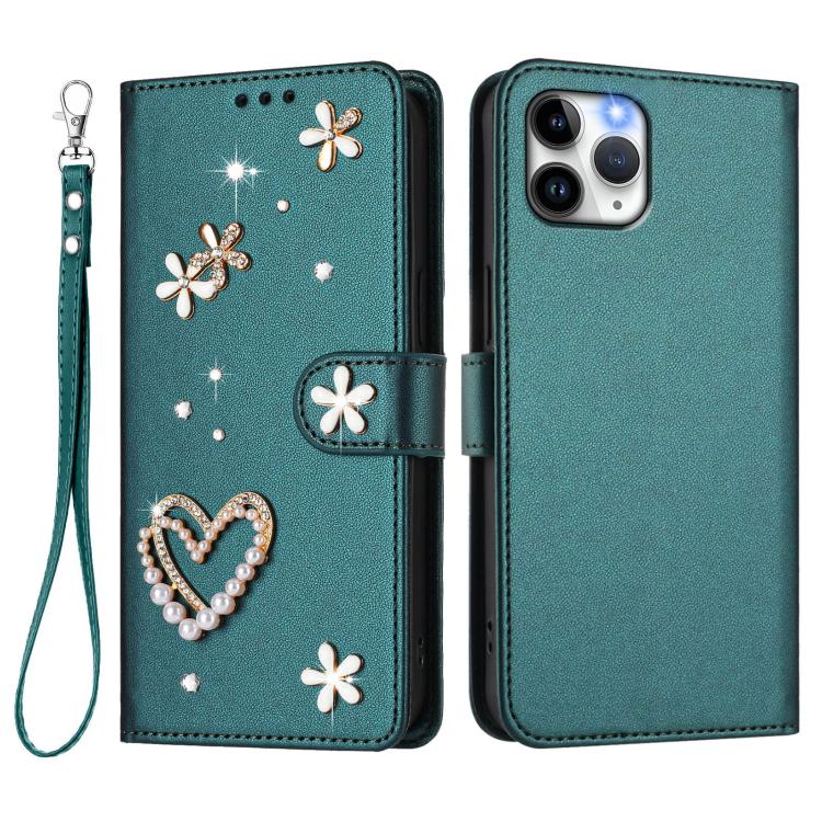 For iPhone 11 Pro ZS01 Double-Layer Heart Floral Vegan Leather Phone Case with Wrist Strap