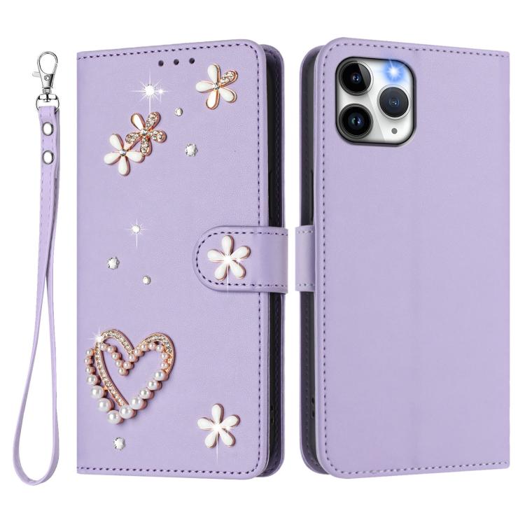 For iPhone 11 Pro ZS01 Double-Layer Heart Floral Vegan Leather Phone Case with Wrist Strap