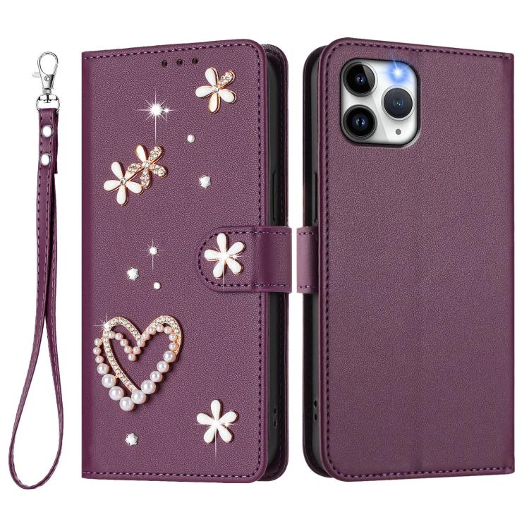 For iPhone 11 Pro ZS01 Double-Layer Heart Floral Vegan Leather Phone Case with Wrist Strap