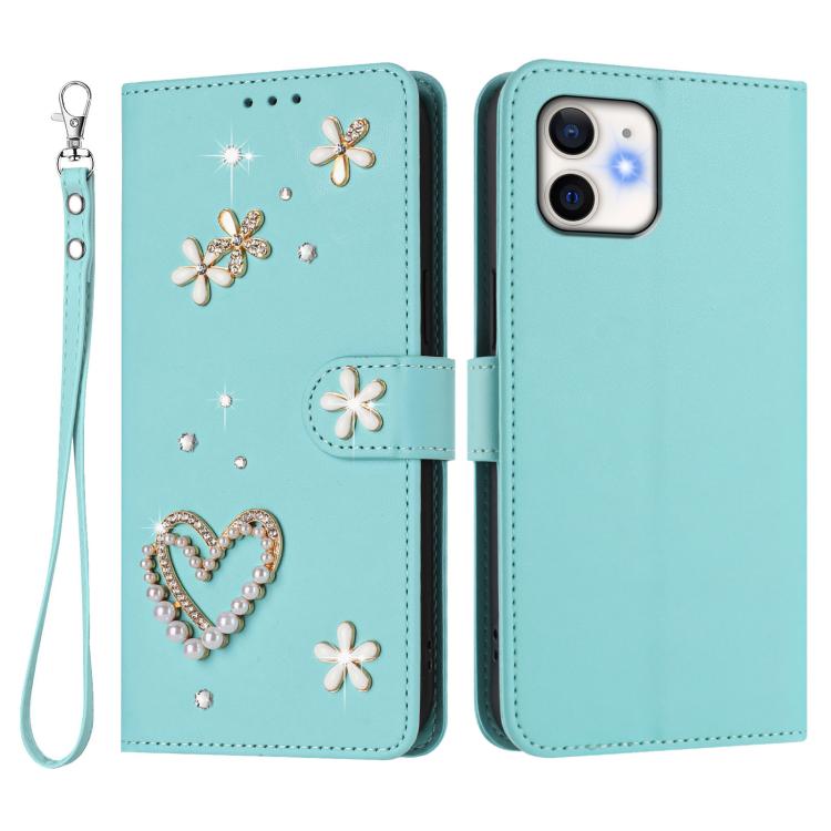 For iPhone 11 ZS01 Double-Layer Heart Floral Vegan Leather Phone Case with Wrist Strap