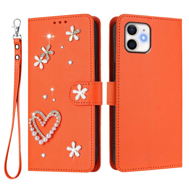 For iPhone 11 ZS01 Double-Layer Heart Floral Vegan Leather Phone Case with Wrist Strap
