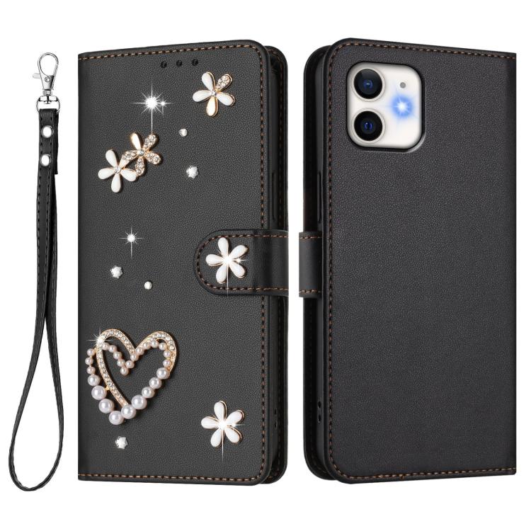 For iPhone 11 ZS01 Double-Layer Heart Floral Vegan Leather Phone Case with Wrist Strap