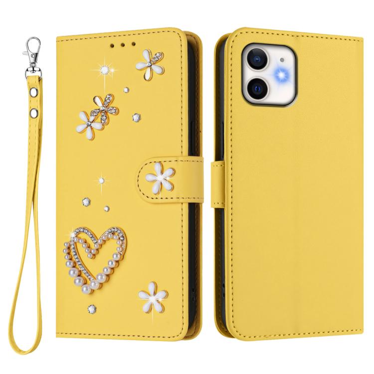 For iPhone 11 ZS01 Double-Layer Heart Floral Vegan Leather Phone Case with Wrist Strap