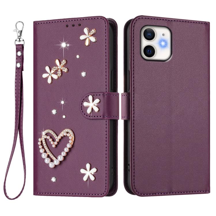 For iPhone 11 ZS01 Double-Layer Heart Floral Vegan Leather Phone Case with Wrist Strap