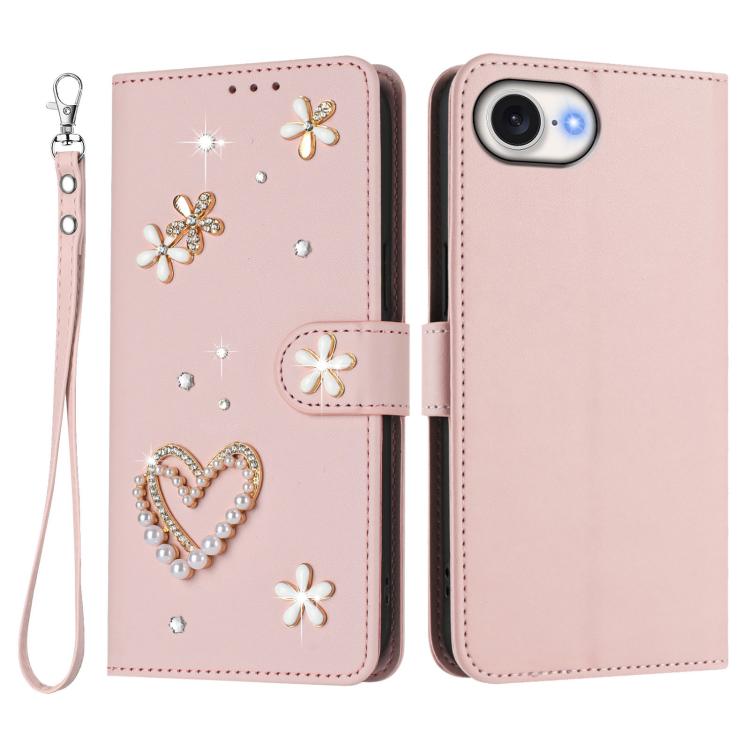 For iPhone 17e / 16e ZS01 Double-Layer Heart Floral Vegan Leather Phone Case with Wrist Strap