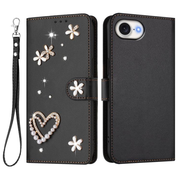 For iPhone 17e / 16e ZS01 Double-Layer Heart Floral Vegan Leather Phone Case with Wrist Strap