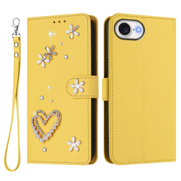 For iPhone 17e / 16e ZS01 Double-Layer Heart Floral Vegan Leather Phone Case with Wrist Strap