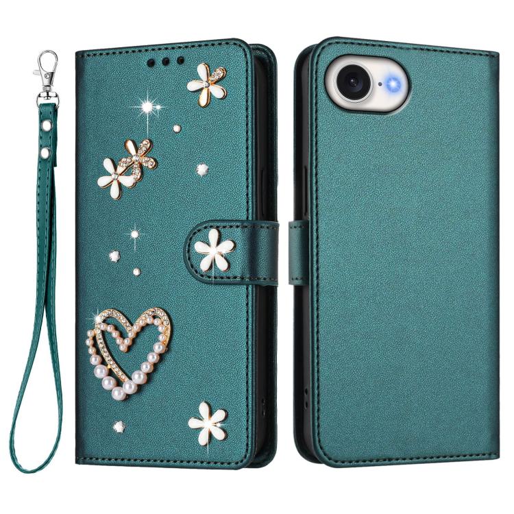For iPhone 17e / 16e ZS01 Double-Layer Heart Floral Vegan Leather Phone Case with Wrist Strap