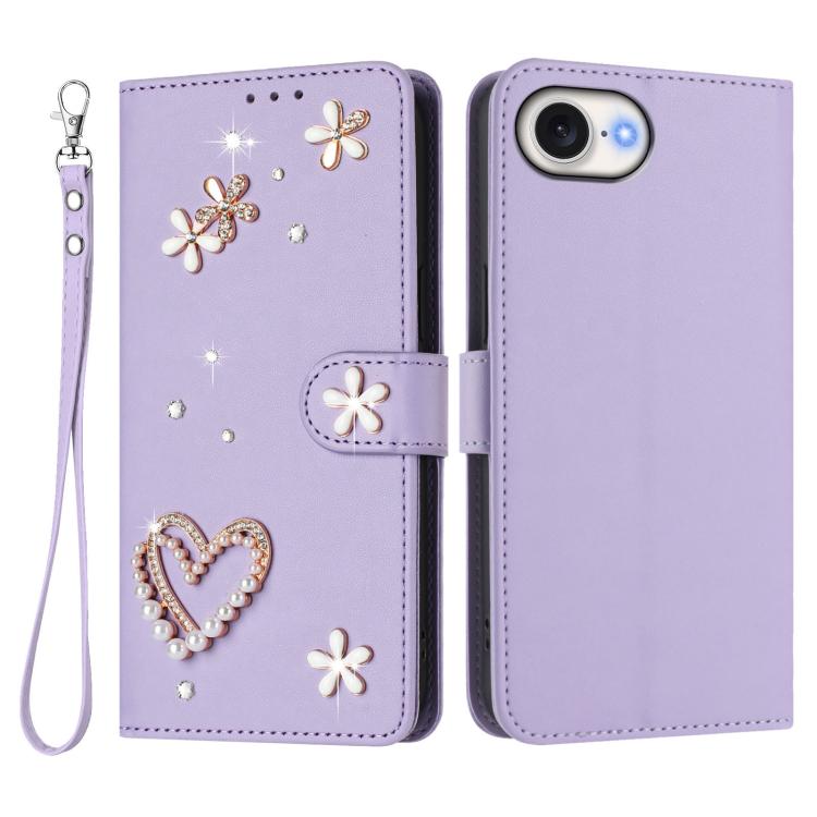 For iPhone 17e / 16e ZS01 Double-Layer Heart Floral Vegan Leather Phone Case with Wrist Strap