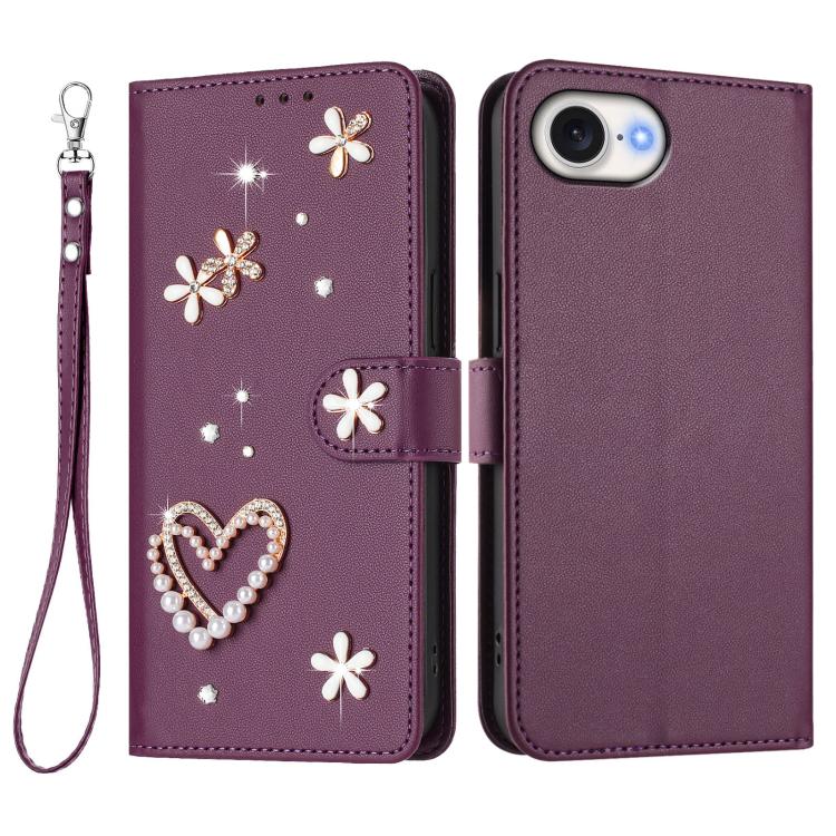 For iPhone 17e / 16e ZS01 Double-Layer Heart Floral Vegan Leather Phone Case with Wrist Strap
