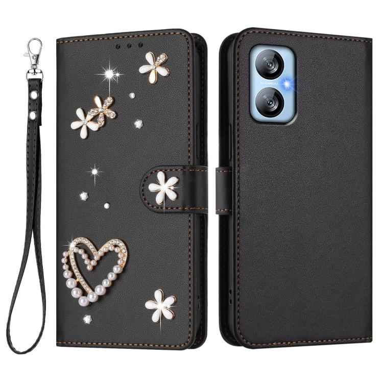 For Blackview A52 / A52 Pro ZS01 Double-Layer Heart Floral Vegan Leather Phone Case with Wrist Strap