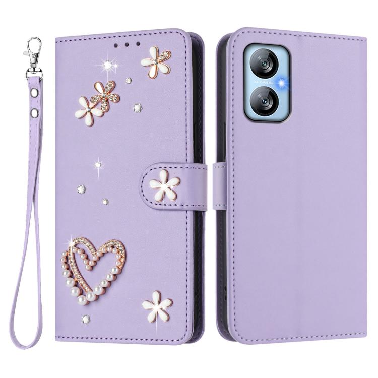 For Blackview A52 / A52 Pro ZS01 Double-Layer Heart Floral Vegan Leather Phone Case with Wrist Strap