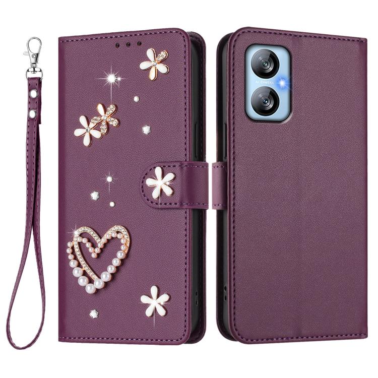 For Blackview A52 / A52 Pro ZS01 Double-Layer Heart Floral Vegan Leather Phone Case with Wrist Strap