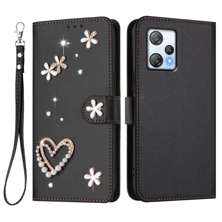 For Blackview A53 ZS01 Double-Layer Heart Floral Vegan Leather Phone Case with Wrist Strap