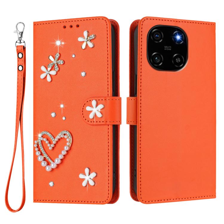 For Blackview Color 6 ZS01 Double-Layer Heart Floral Vegan Leather Phone Case with Wrist Strap
