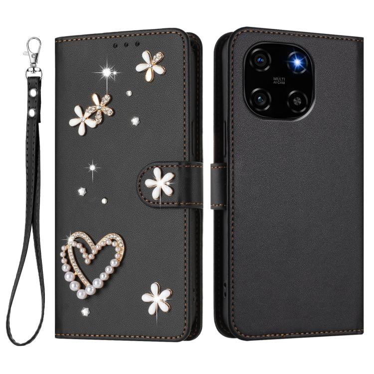 For Blackview Color 6 ZS01 Double-Layer Heart Floral Vegan Leather Phone Case with Wrist Strap