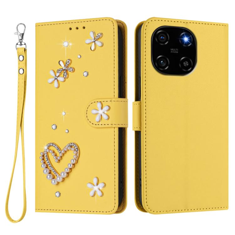 For Blackview Color 6 ZS01 Double-Layer Heart Floral Vegan Leather Phone Case with Wrist Strap