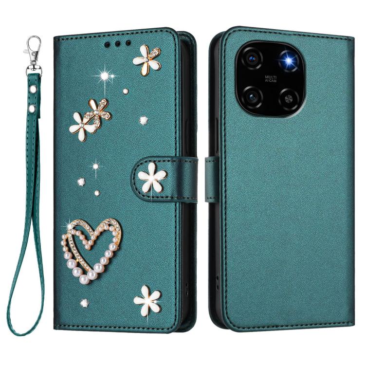 For Blackview Color 6 ZS01 Double-Layer Heart Floral Vegan Leather Phone Case with Wrist Strap