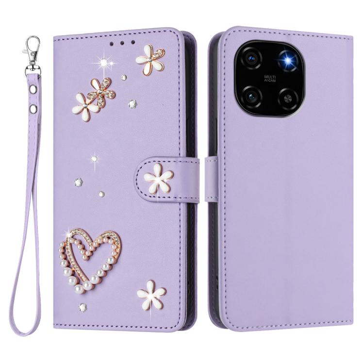 For Blackview Color 6 ZS01 Double-Layer Heart Floral Vegan Leather Phone Case with Wrist Strap