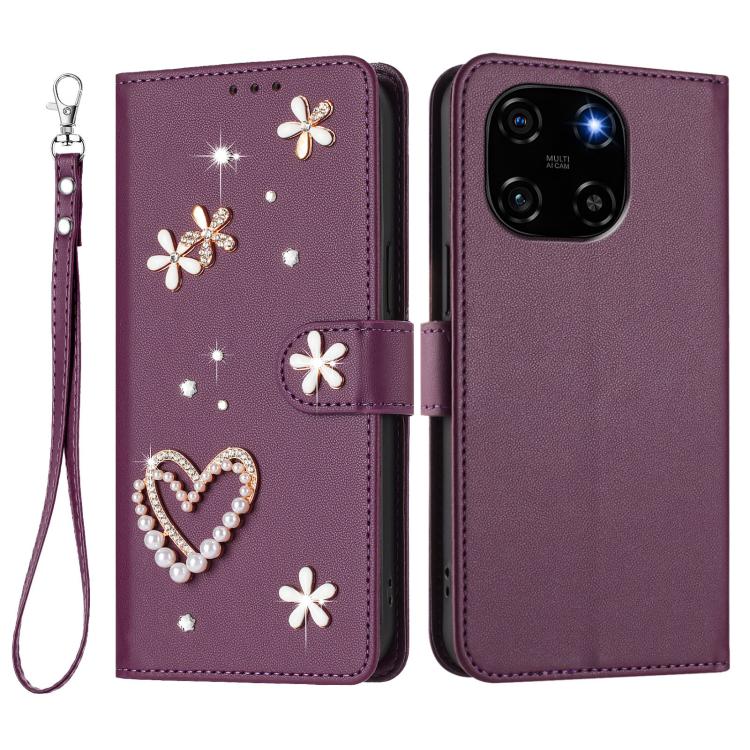 For Blackview Color 6 ZS01 Double-Layer Heart Floral Vegan Leather Phone Case with Wrist Strap
