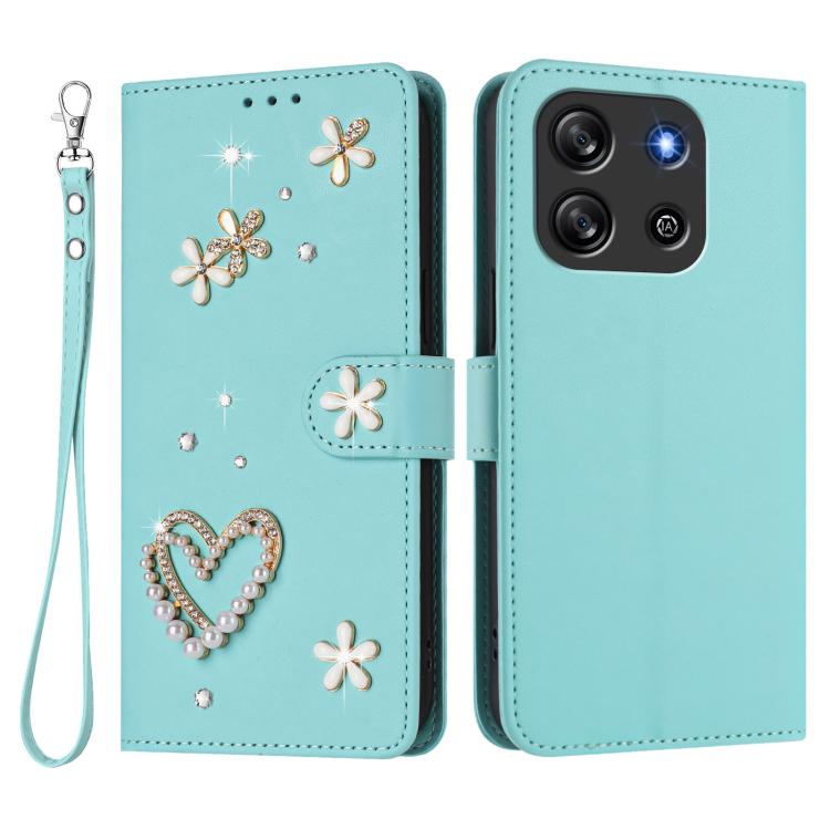 For Blackview Oscal Flat 1C ZS01 Double-Layer Heart Floral Vegan Leather Phone Case with Wrist Strap