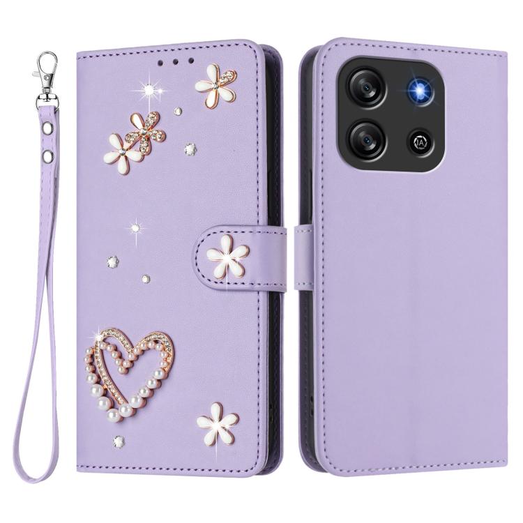 For Blackview Oscal Flat 1C ZS01 Double-Layer Heart Floral Vegan Leather Phone Case with Wrist Strap