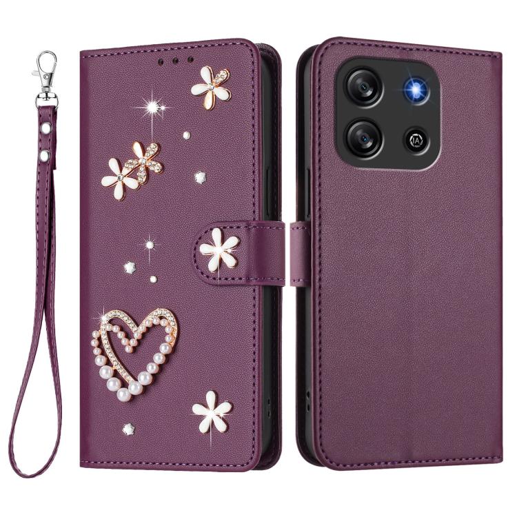For Blackview Oscal Flat 1C ZS01 Double-Layer Heart Floral Vegan Leather Phone Case with Wrist Strap