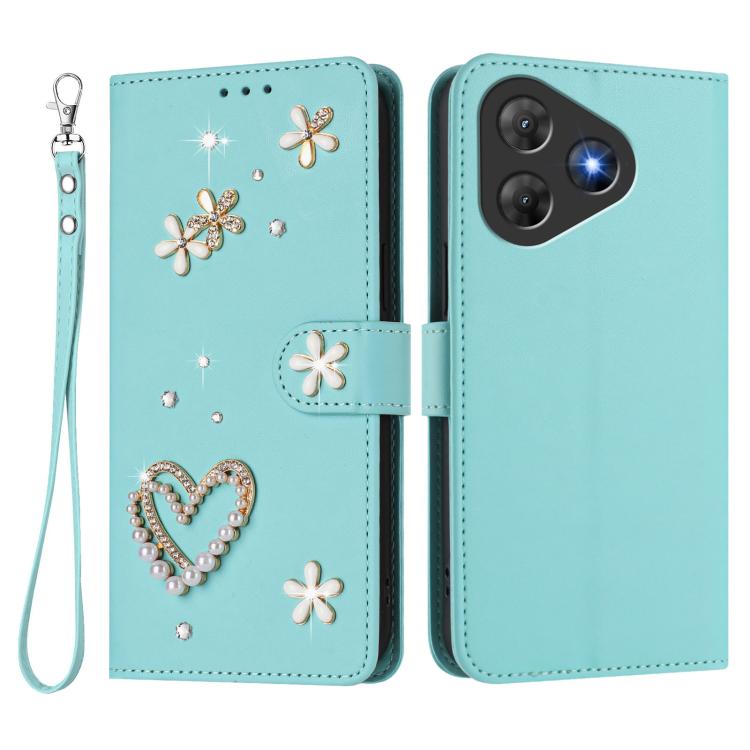 For Blackview Oscal Flat 2 / 2C ZS01 Double-Layer Heart Floral Vegan Leather Phone Case with Wrist Strap