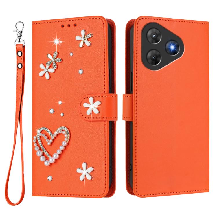 For Blackview Oscal Flat 2 / 2C ZS01 Double-Layer Heart Floral Vegan Leather Phone Case with Wrist Strap