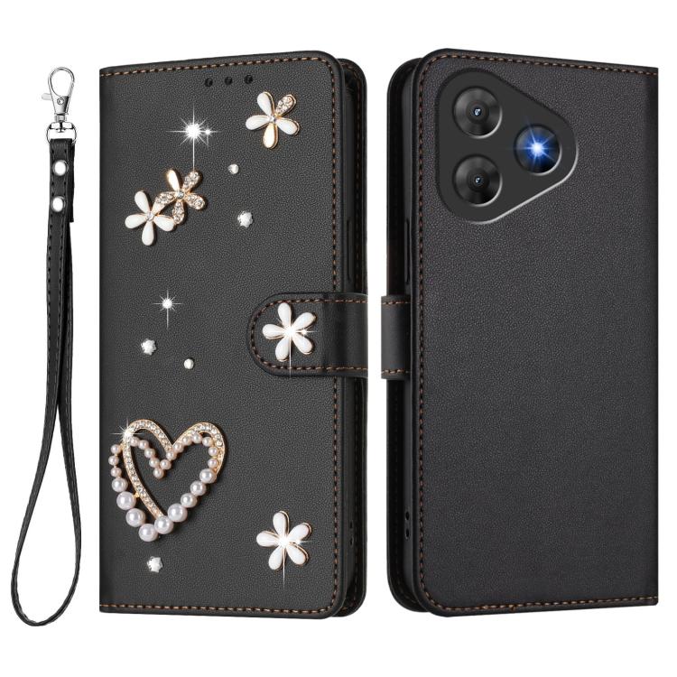 For Blackview Oscal Flat 2 / 2C ZS01 Double-Layer Heart Floral Vegan Leather Phone Case with Wrist Strap