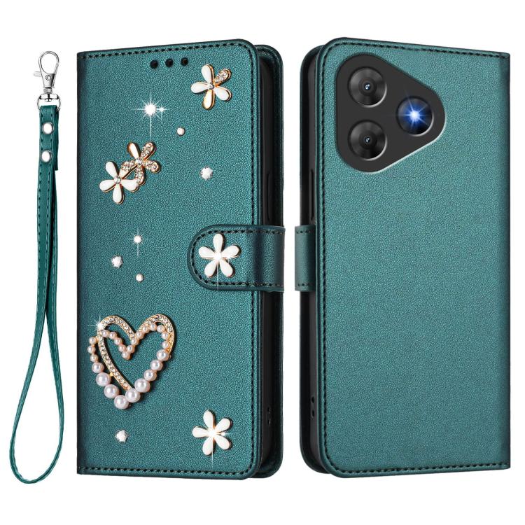 For Blackview Oscal Flat 2 / 2C ZS01 Double-Layer Heart Floral Vegan Leather Phone Case with Wrist Strap