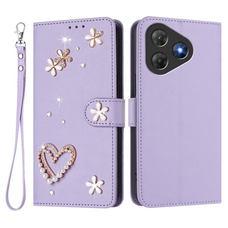 For Blackview Oscal Flat 2 / 2C ZS01 Double-Layer Heart Floral Vegan Leather Phone Case with Wrist Strap
