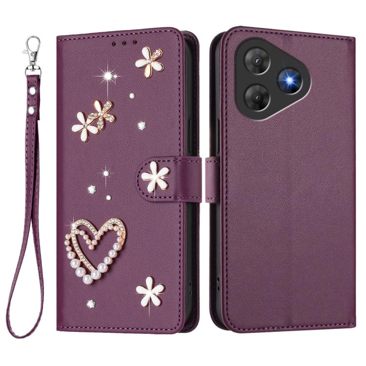 For Blackview Oscal Flat 2 / 2C ZS01 Double-Layer Heart Floral Vegan Leather Phone Case with Wrist Strap