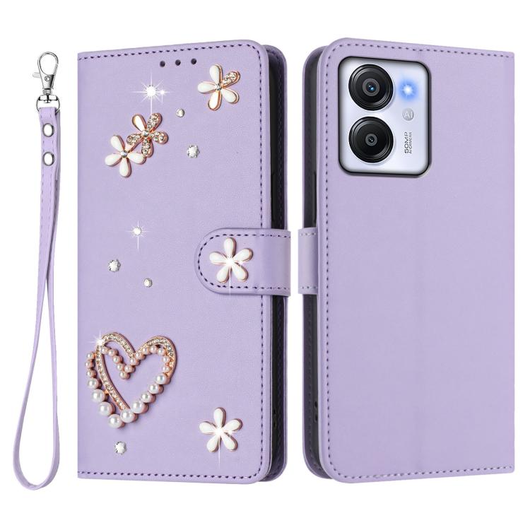 For Blackview Oscal Modern 8 / Color 8 ZS01 Double-Layer Heart Floral Vegan Leather Phone Case with Wrist Strap