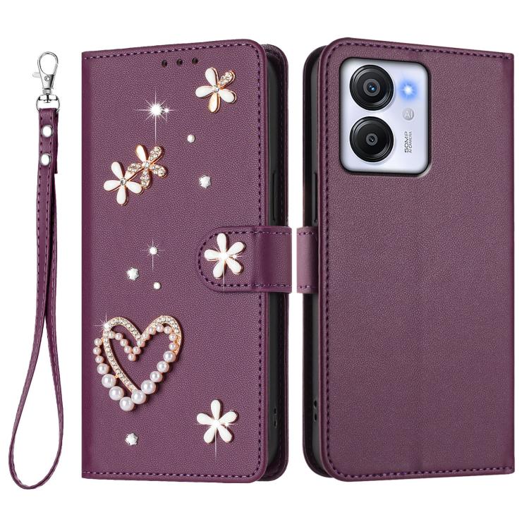 For Blackview Oscal Modern 8 / Color 8 ZS01 Double-Layer Heart Floral Vegan Leather Phone Case with Wrist Strap