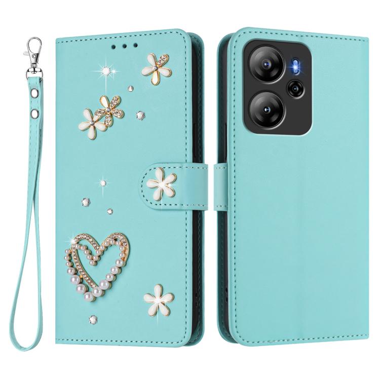 For Blackview Oscal Tiger 13 ZS01 Double-Layer Heart Floral Vegan Leather Phone Case with Wrist Strap