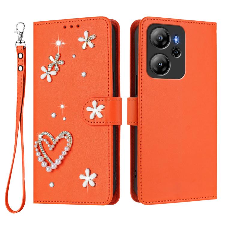 For Blackview Oscal Tiger 13 ZS01 Double-Layer Heart Floral Vegan Leather Phone Case with Wrist Strap