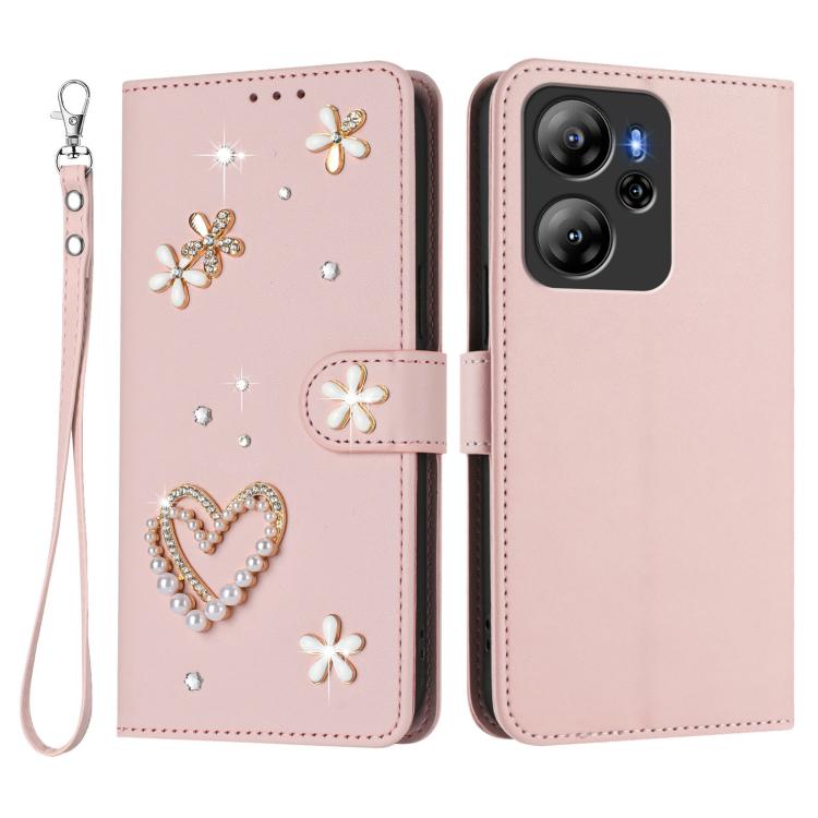 For Blackview Oscal Tiger 13 ZS01 Double-Layer Heart Floral Vegan Leather Phone Case with Wrist Strap