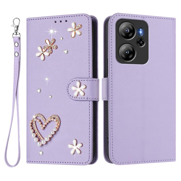 For Blackview Oscal Tiger 13 ZS01 Double-Layer Heart Floral Vegan Leather Phone Case with Wrist Strap
