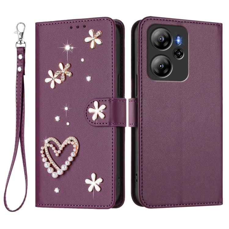 For Blackview Oscal Tiger 13 ZS01 Double-Layer Heart Floral Vegan Leather Phone Case with Wrist Strap