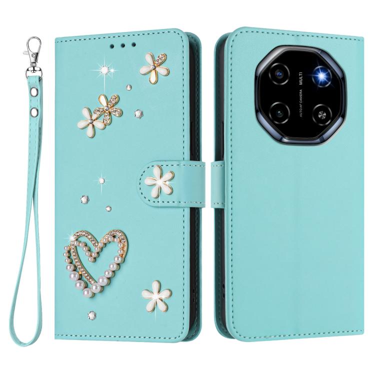 For Blackview Shark 6 ZS01 Double-Layer Heart Floral Vegan Leather Phone Case with Wrist Strap